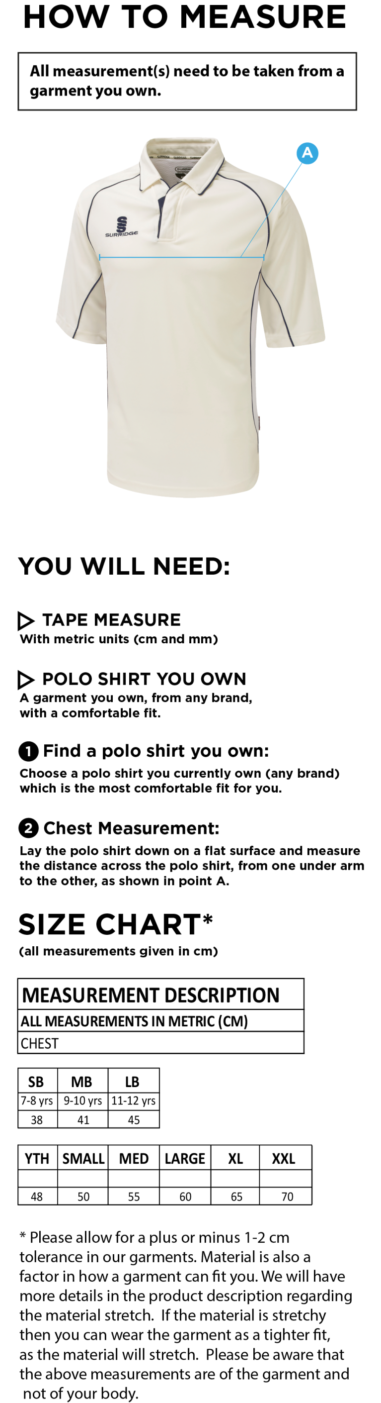 Rustington CC - 3/4 Premier Sleeved shirt - Size Guide