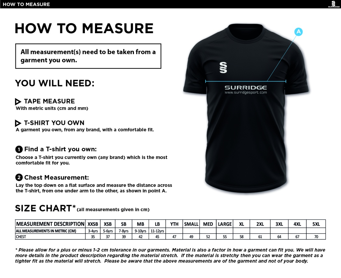 Rustington CC - Blade Training Shirt - Size Guide