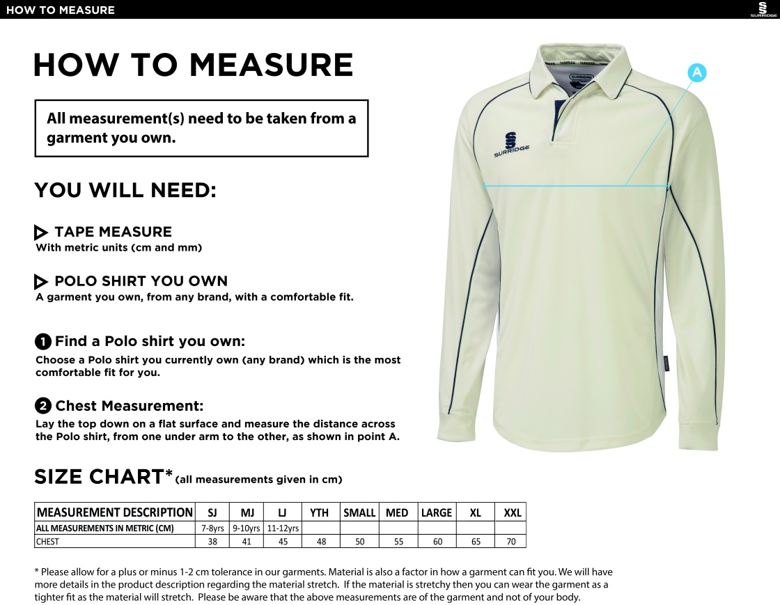 Rustington CC - Premier Long Sleeved Shirt - Size Guide