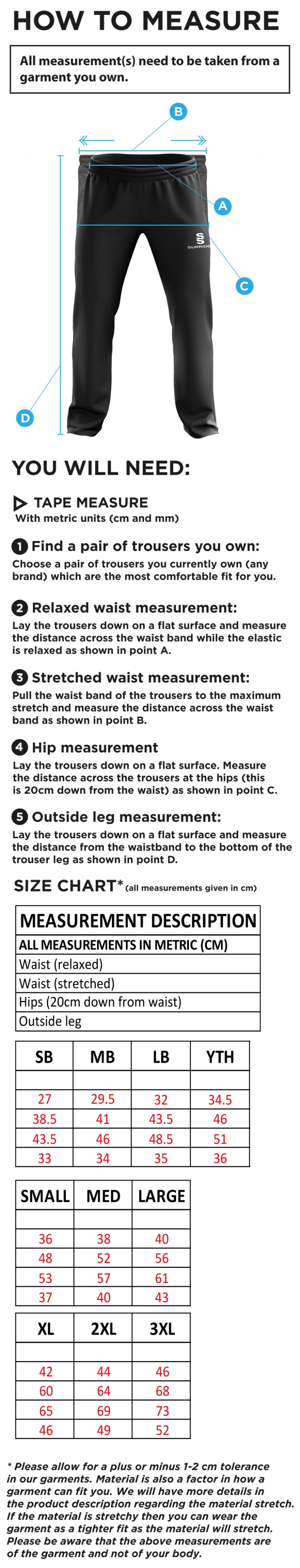 Rustington CC - Ripstop Track Pant - Size Guide