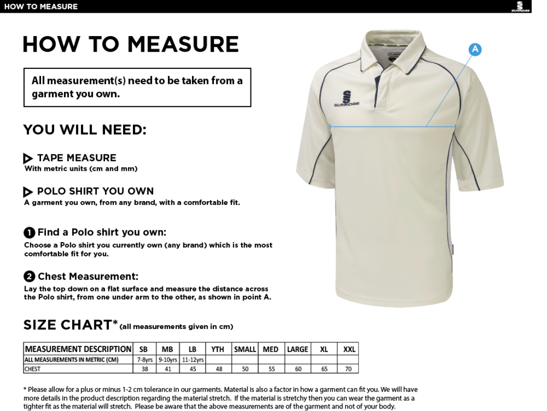 Rustington CC - 3/4 Premier Sleeved shirt - Size Guide