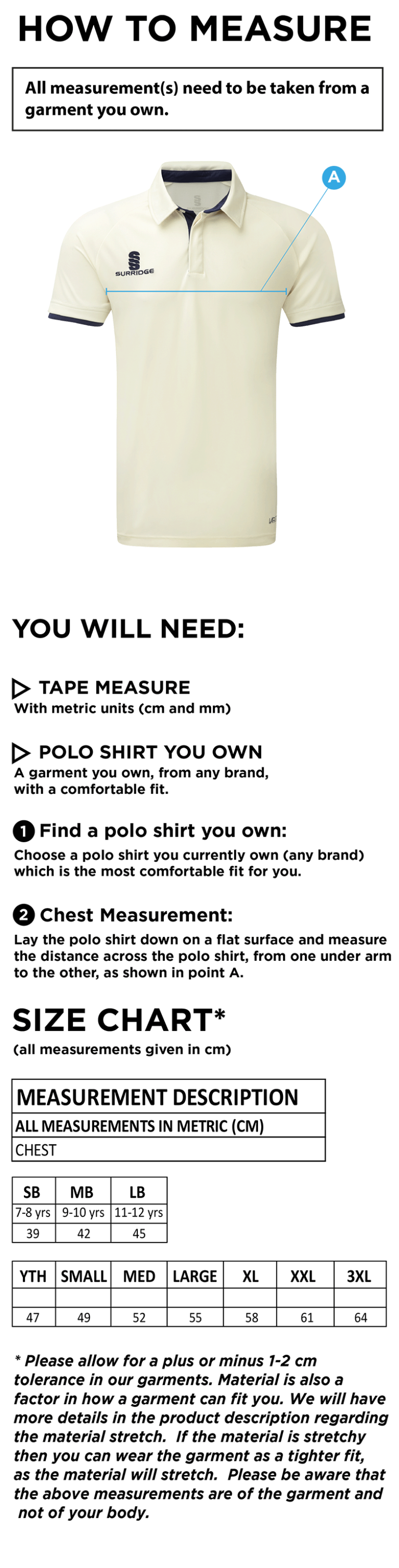 Rustington CC - Ergo S/S Shirt - Size Guide
