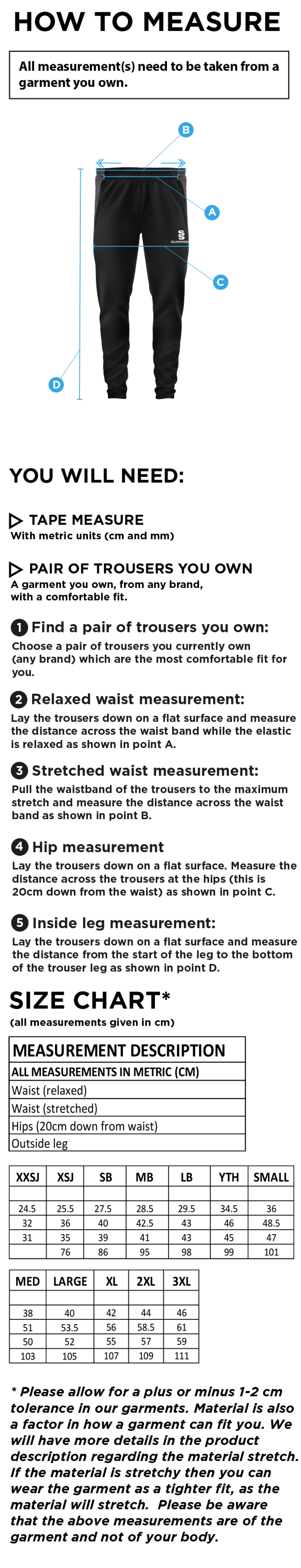 Rustington CC - Tek Slim Training Pants - Size Guide
