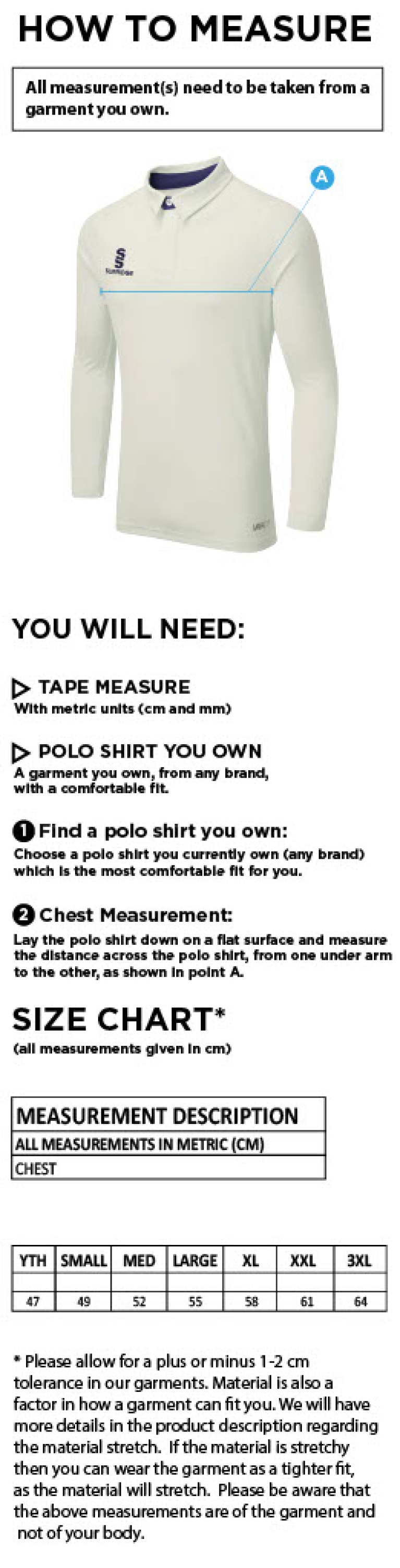Rustington CC - Ergo L/S Playing Shirt - Size Guide