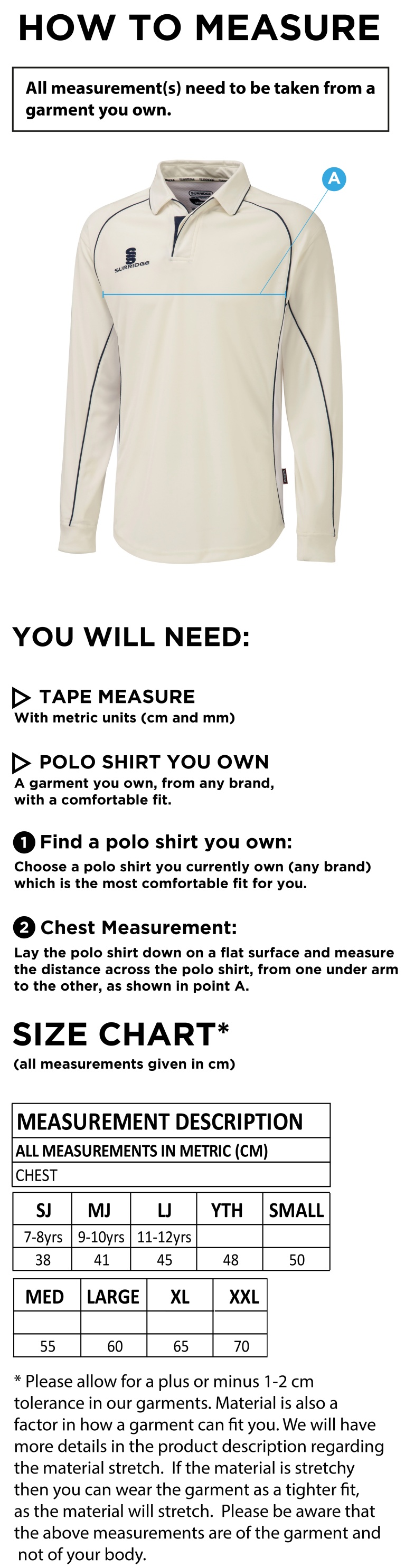 Rustington CC - Premier Long Sleeved Shirt - Size Guide