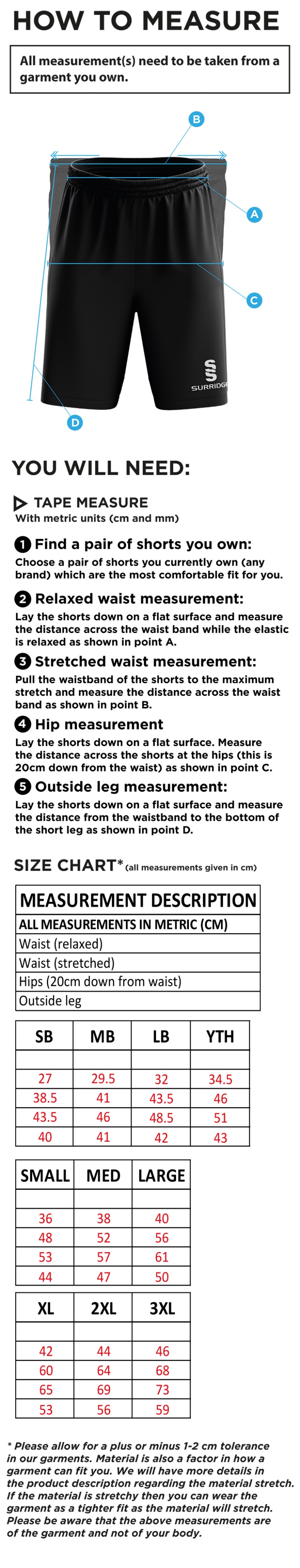 Rustington CC - Blade Training Shorts - Size Guide