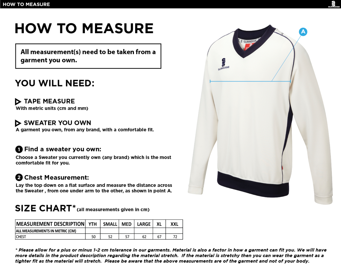 Rustington CC - Curve Long Sleeved Sweater - Size Guide