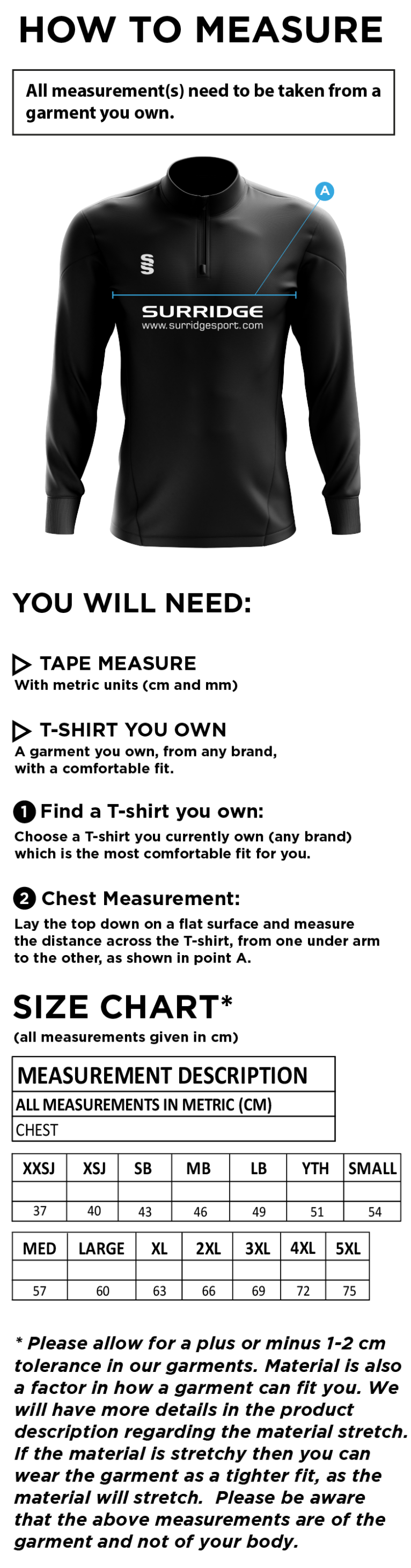 Rustington CC - Blade Performance Top - Size Guide