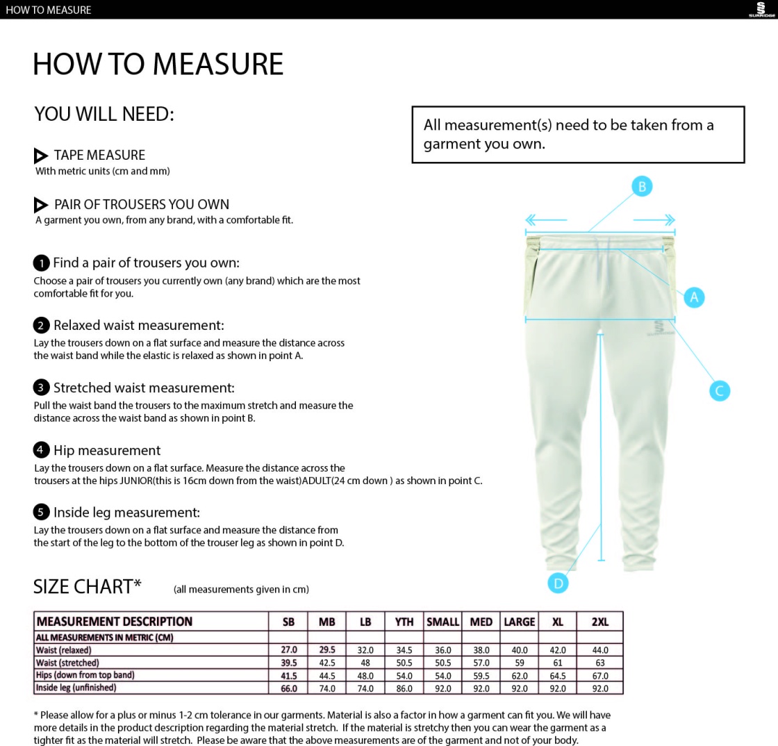 Rustington CC - Tek Playing Pants - Size Guide