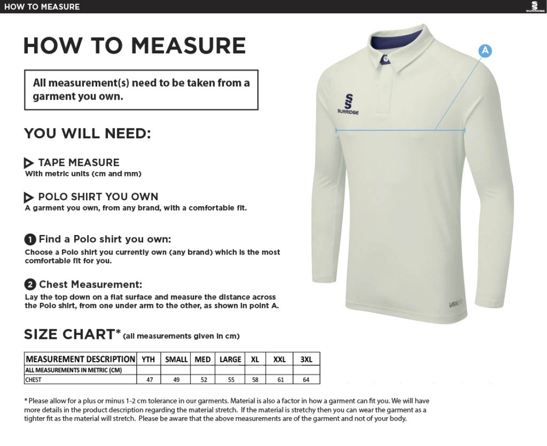 Rustington CC - Ergo L/S Playing Shirt - Size Guide