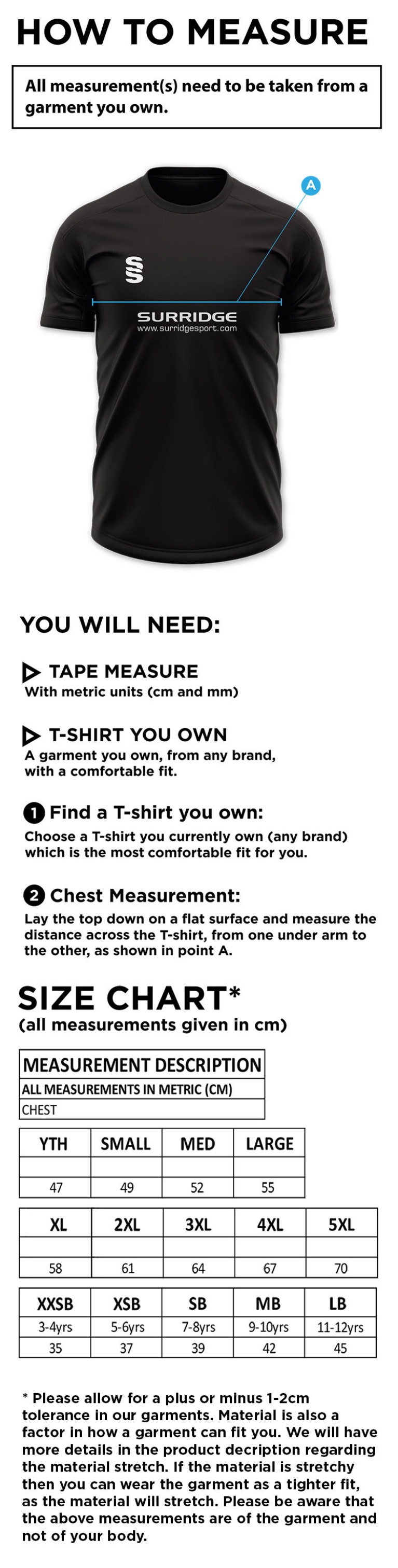 Rustington CC - Blade Training Shirt - Size Guide