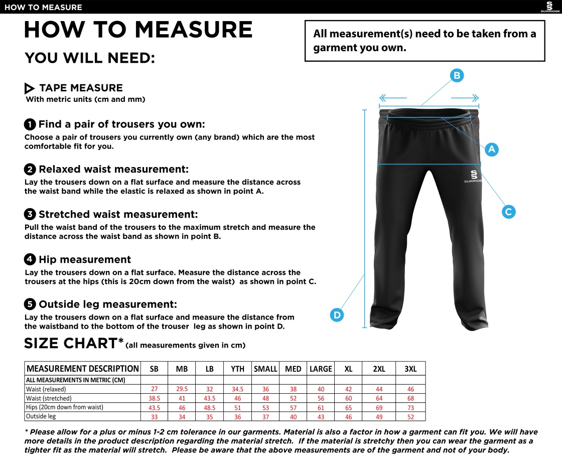 Rustington CC - Ripstop Track Pant - Size Guide