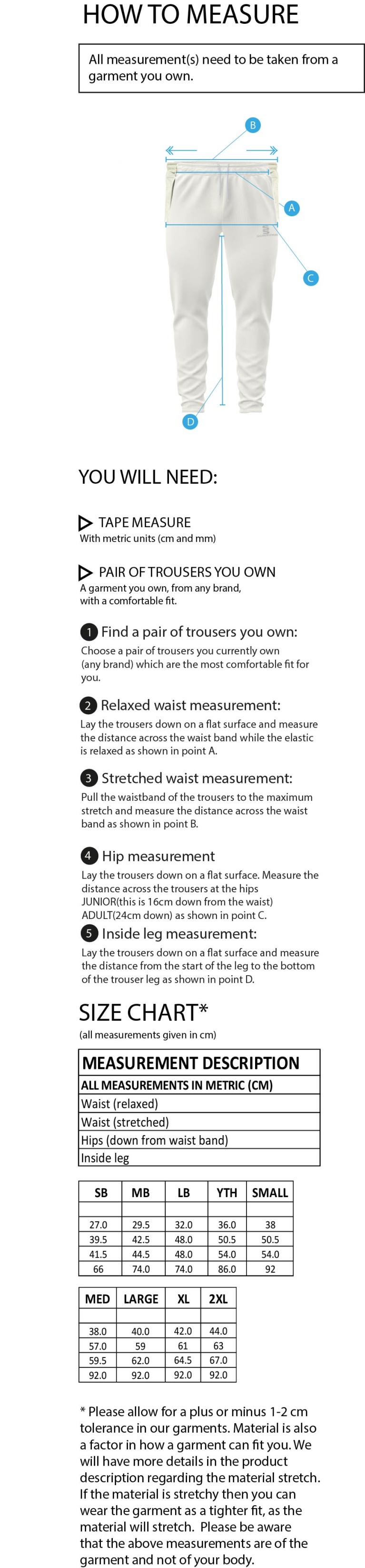 Rustington CC - Tek Playing Pants - Size Guide
