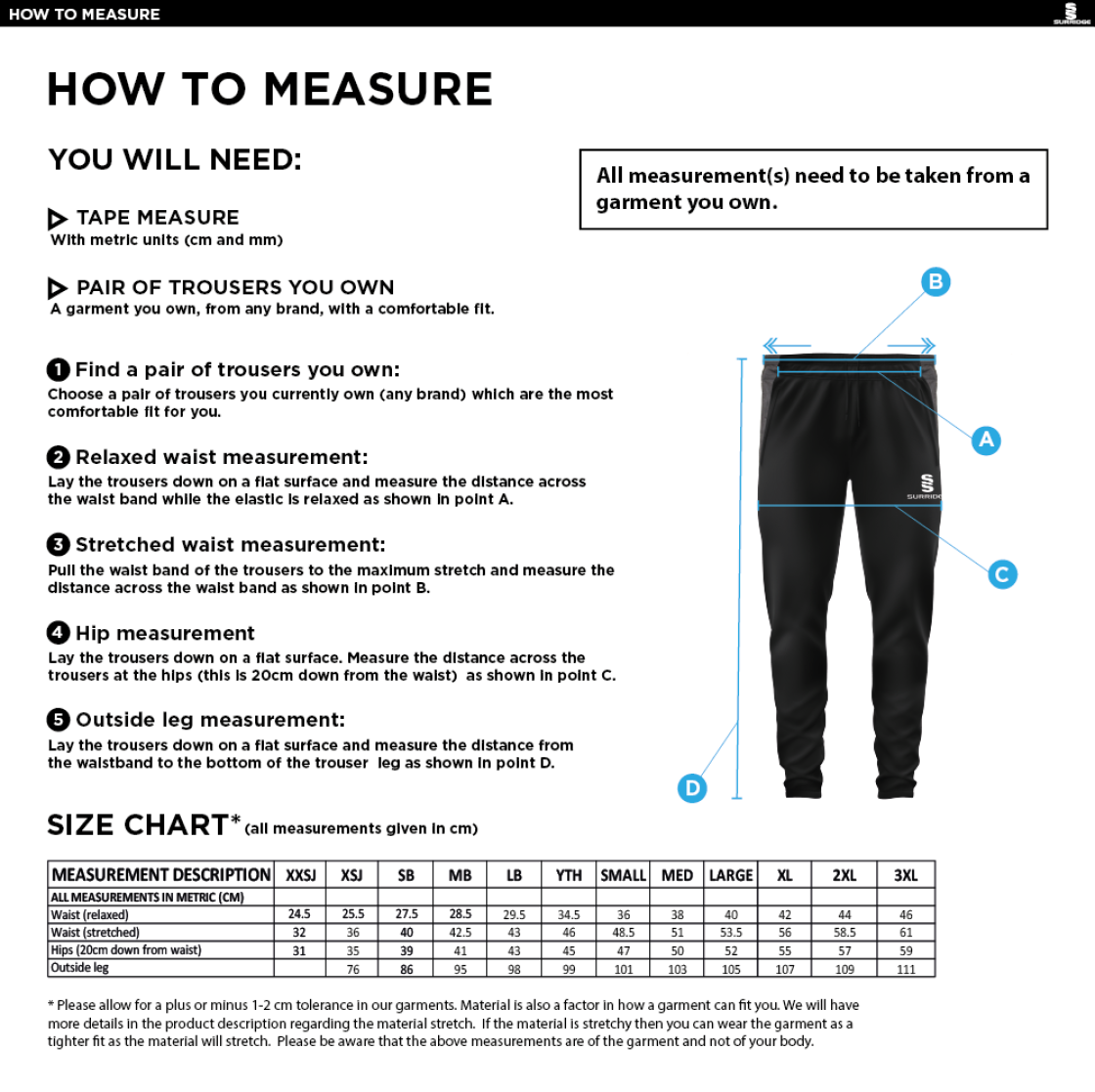 Rustington CC - Tek Slim Training Pants - Size Guide
