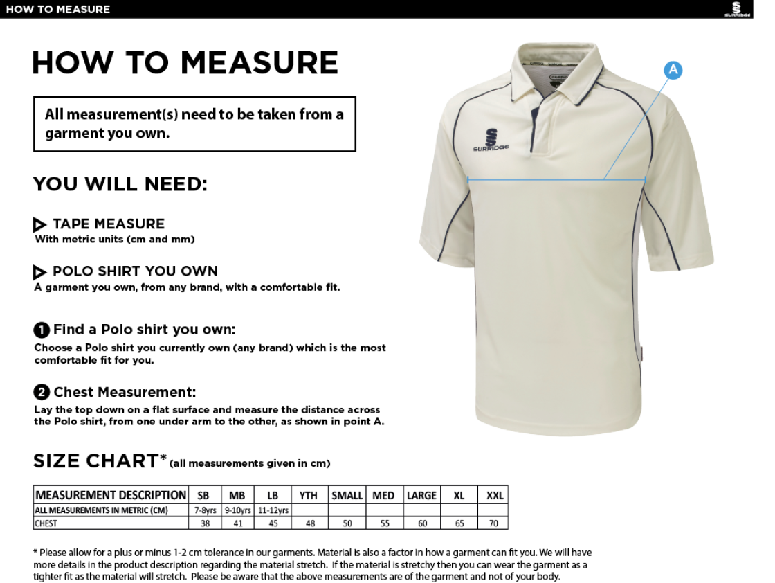 Rustington CC - 3/4 Premier Sleeved shirt - Size Guide
