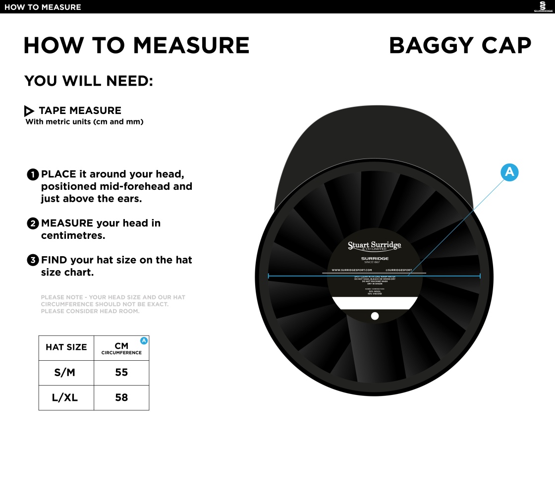 Rustington CC - Baggy Cricket Cap - Size Guide